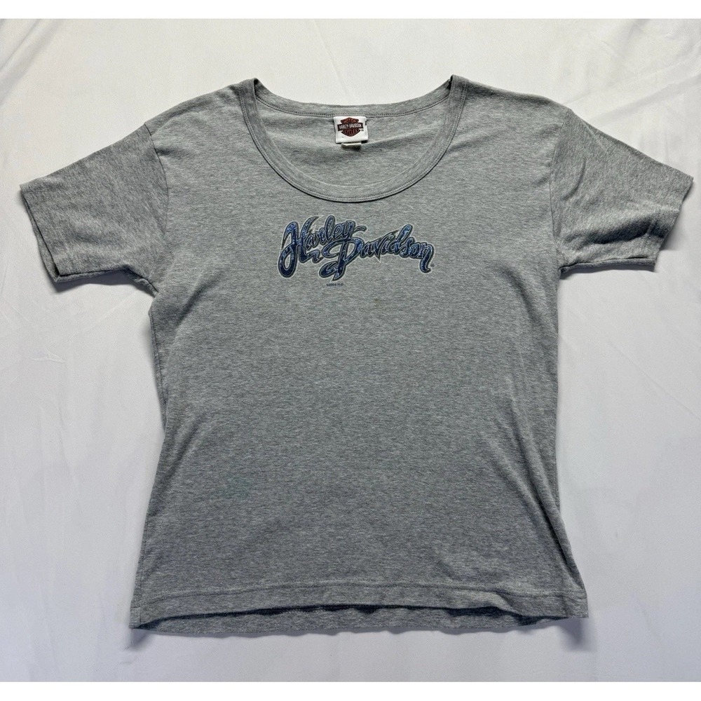 Harley Davidson Women's XL Gray T-Shirt USA Made‎ Scoop Neck Logo Script Tee